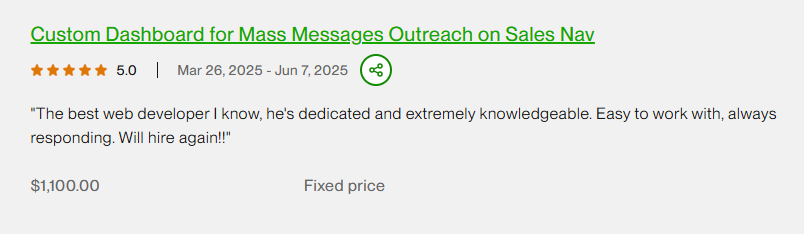 Custom Dashboard for Mass Messages - 5.0 stars, $1,100.00 project