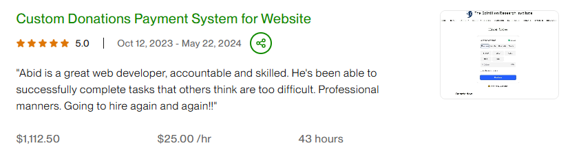 Custom Donations Payment System - 5.0 stars, $1,112.50 project