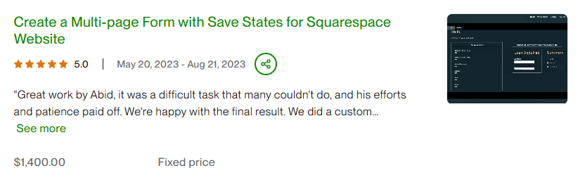 Multi-page Form for Squarespace - 5.0 stars, $1,400.00 project